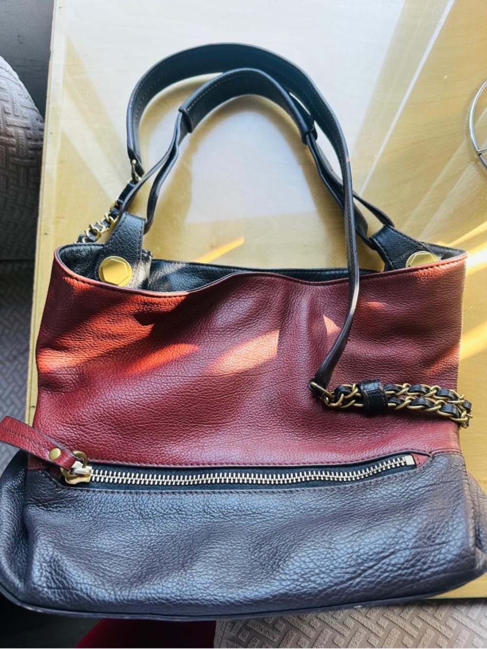 orYANY Two-Tone Red and Black Leather Shoulder Bag
